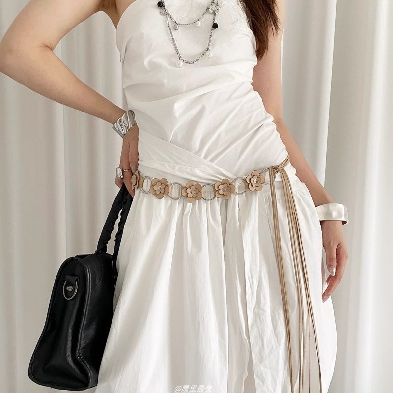 Floral Chain Alloy Faux Leather Waist