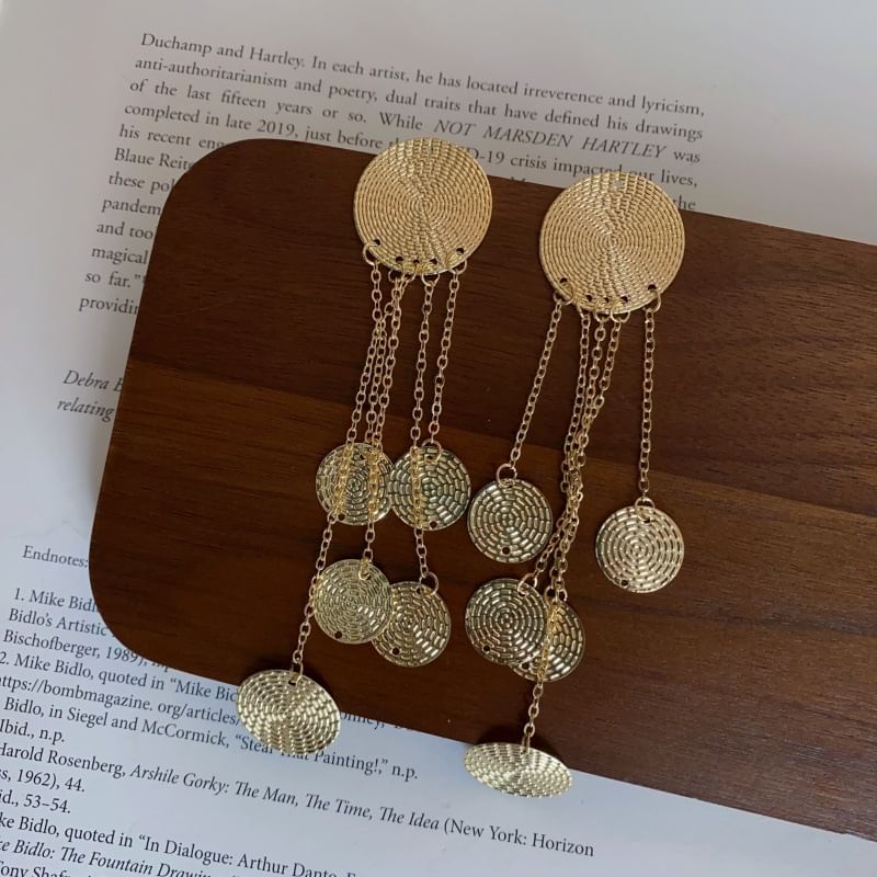 Textured Earring Chandelier Fringed Disc Alloy