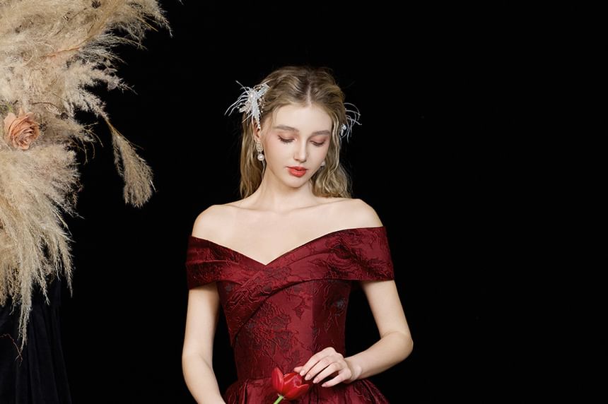 Short-Sleeve Off-Shoulder Floral A-Line Evening Gown