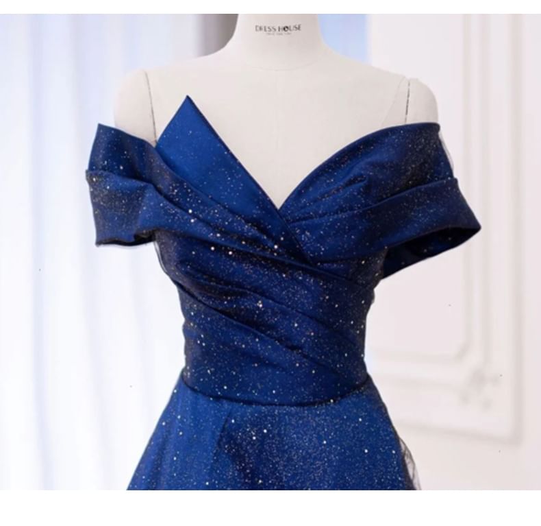 Short Sleeve Off Shoulder Plain Glitter Ruched Mesh A-Line Evening Gown