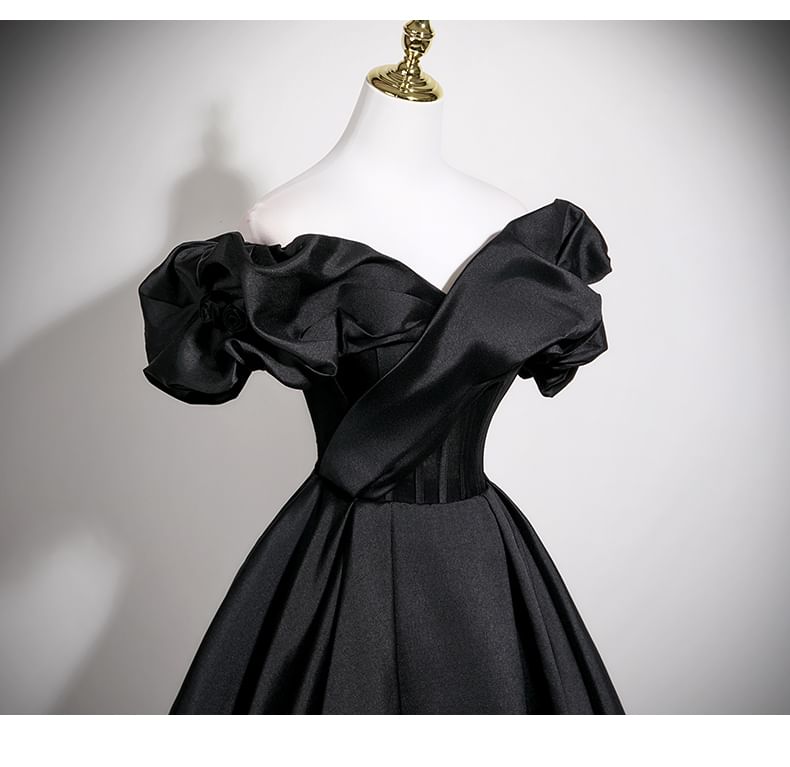 Short Sleeve Off Shoulder Plain Satin A-Line Evening Gown