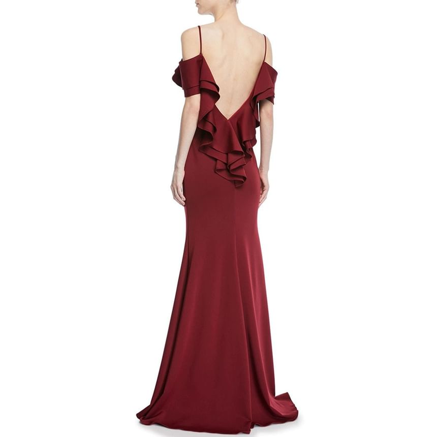 Short-Sleeve Cold-Shoulder Plain Open Back Maxi Sheath Evening Gown