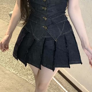 Mini Low / Denim Halter Button-Up Top Pleated Mid Trim Skirt Lace Rise A-Line