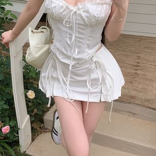 Panel Top High Skirt Cami Rise / Pleated Tie Front Mini Ruched A-Line Plain