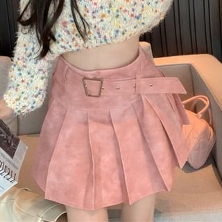 Dotted Sweater Mock A-Line Skirt Neck Mini High Pleated Washed Cropped Rise /