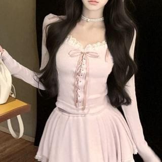 Hooded Plain Trim Top Mid A-Line Neck Long-Sleeve Lace Mini Rise Scoop / Skirt