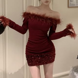 Off-Shoulder Fluffy Dress Sheath Long-Sleeve Sequin Trim Mini Plain