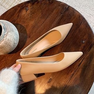 Leather Pumps Pointed Heel Toe Plain Faux Chunky