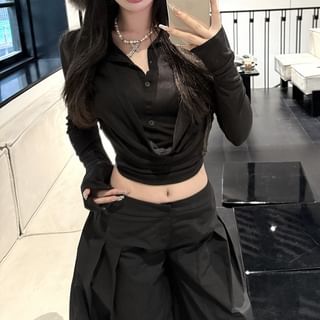 Tee Inverted Leg Low Cropped Pants Wide Plain Collar Rise Long-Sleeve / Pleated