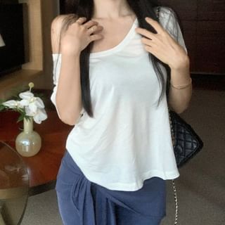 T-Shirt Crop Plain Short-Sleeve Waist Off / High Skirt Overlay Pants Shoulder Yoga