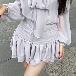 Puff-Sleeve A-Line Rise Blouse Tie-Neck Set Plain Cami / High Skirt Top Mini