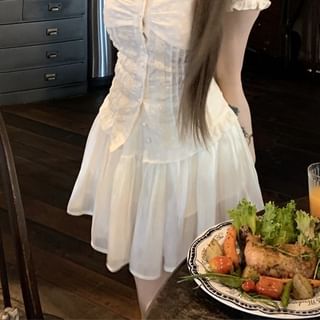 Slim Lace A-Line Mini Fit High Panel Blouse Skirt Short-Sleeve / Waist