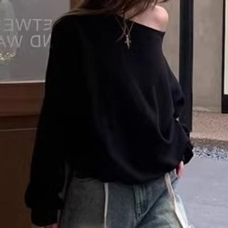 / Drawstring Waist Pullover Trim Plain Contrast Off-Shoulder