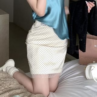 Rise Dotted Skirt Top Embroidered Pencil High Mini Satin Plain / Cami V-Neck Cardigan