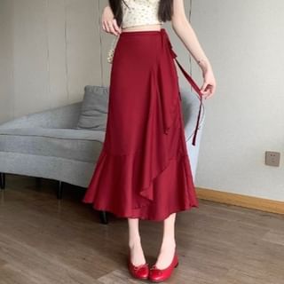 Waist Plain A-Line Midi High Ruffle Skirt