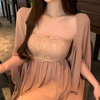 Bow Lace Accent A-Line Plain Shawl Dress Strapless Panel Mini /