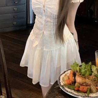 Shirred Mini Blouse Skirt Plain High / Ruffled Rise A-Line Off-Shoulder