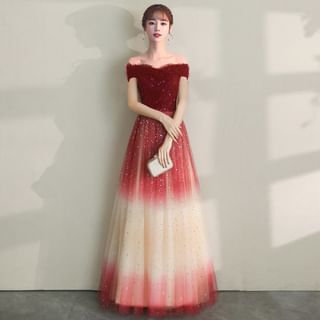Short Sleeve Off Shoulder Gradient Sequin Panel Mesh A-Line Evening Gown