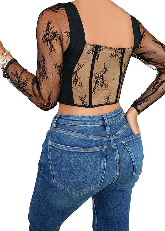 Out Fitting Patchwork Casual Top Lace Design Hollow Tight Black