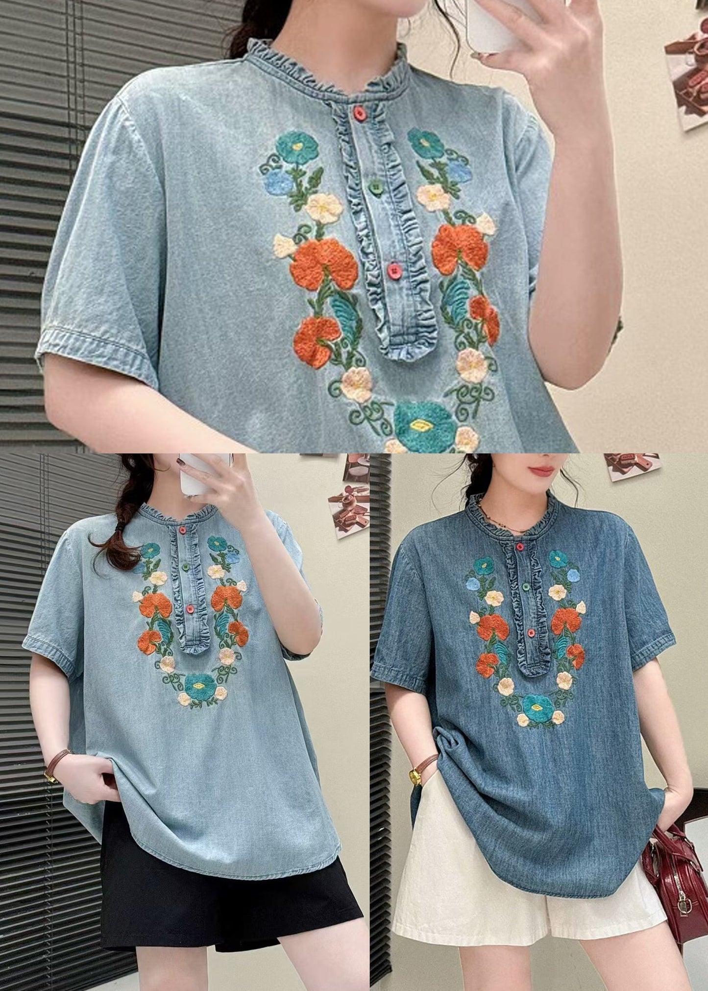 Blouses Summer Blue Ruffled Light Denim Embroidered