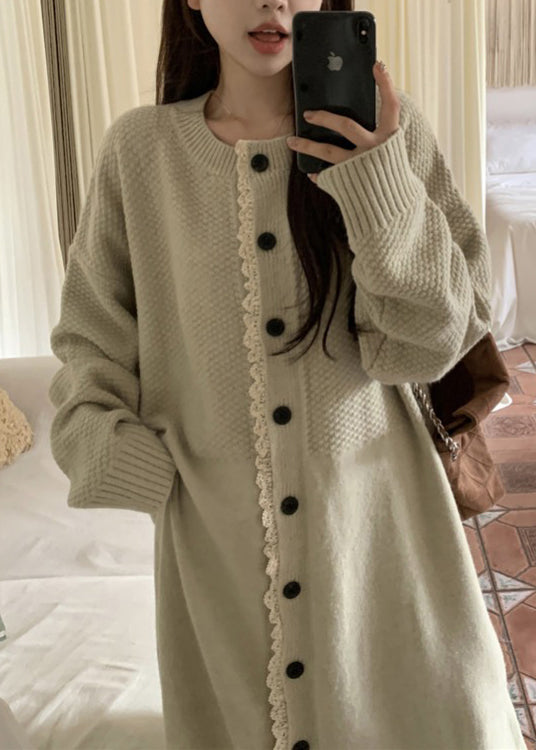 Loose Apricot O Neck Lace Button Patchwork Knit Dress Spring YY016