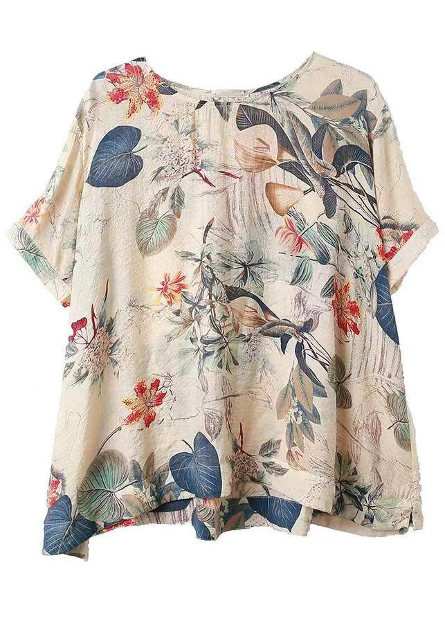 T-shirt ample en coton à col rond et imprimé abricot à manches courtes OP1010