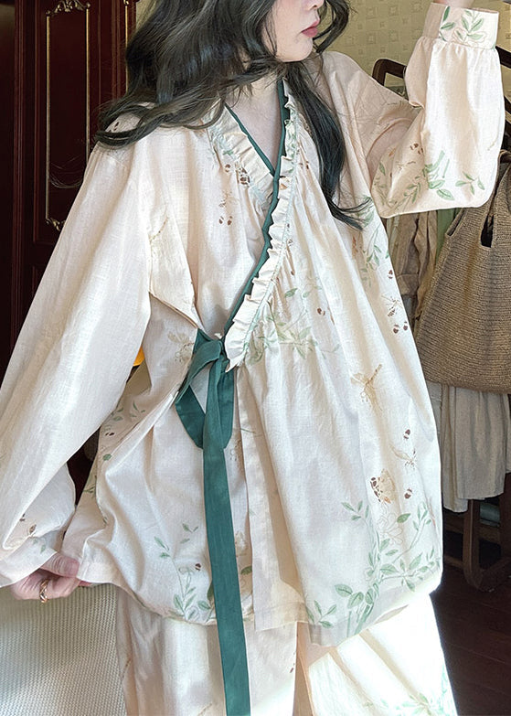 Loose Lace Up Print Pieces Pajamas Apricot Two Cotton Set Ruffled