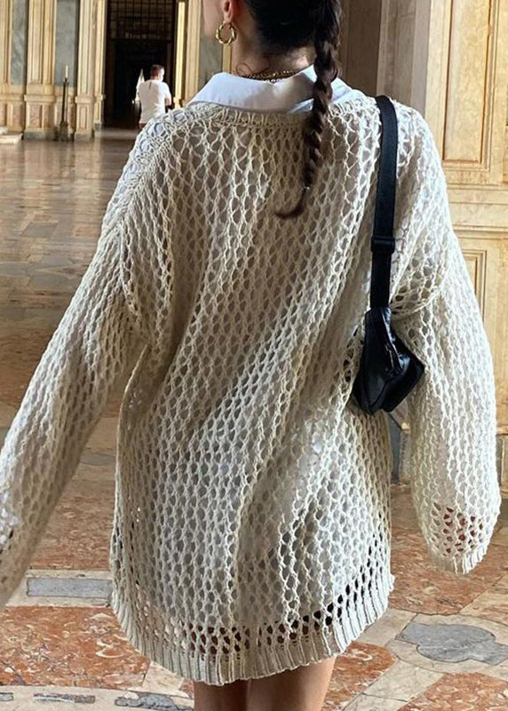 Sweater Knit Loose Solid Hollow Out Beige Summer
