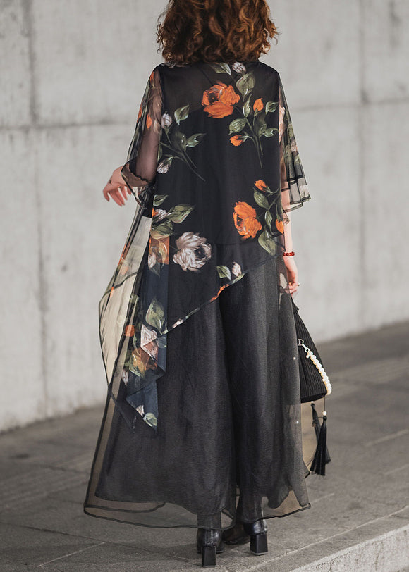 Black Tulle Pieces Two Ruffled Set Asymmetrical Loose Half Print