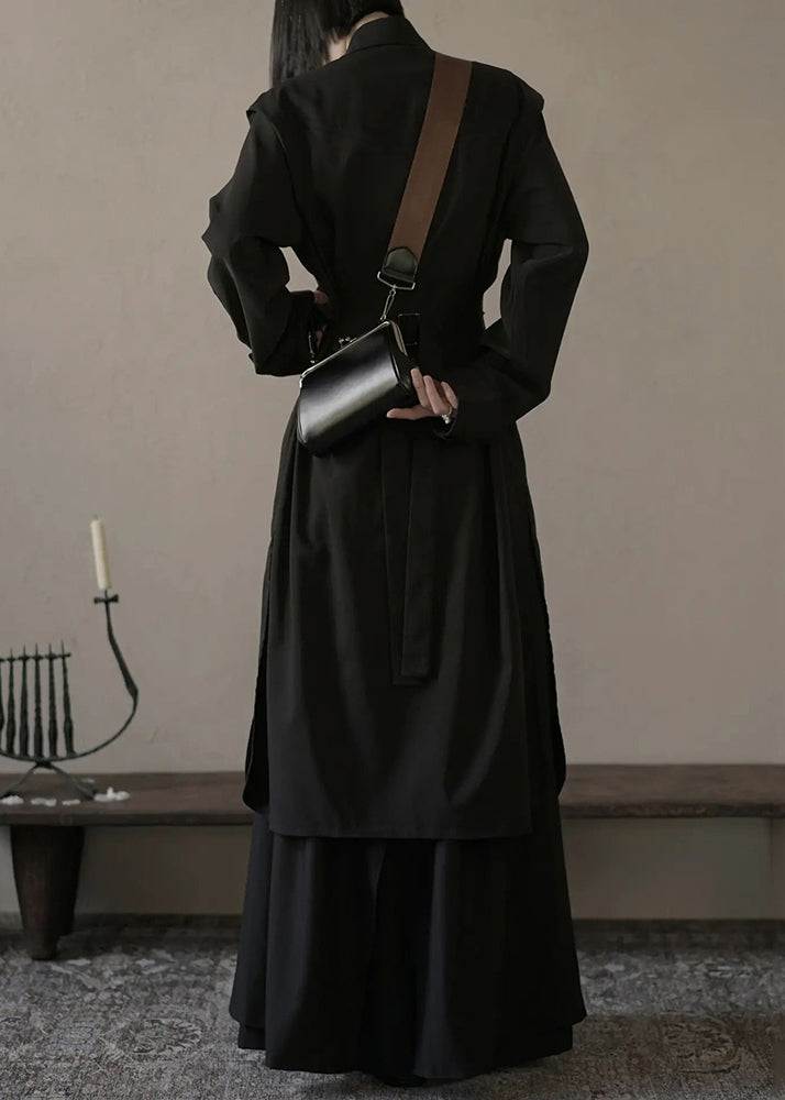 Loose Black Button Shirts And Wide Leg Pants Cotton Two Pieces Set Spring YZ073