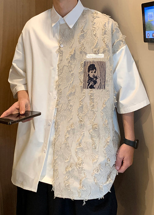 Original Black Half Loose Men Design Cotton Patchwork Shirts