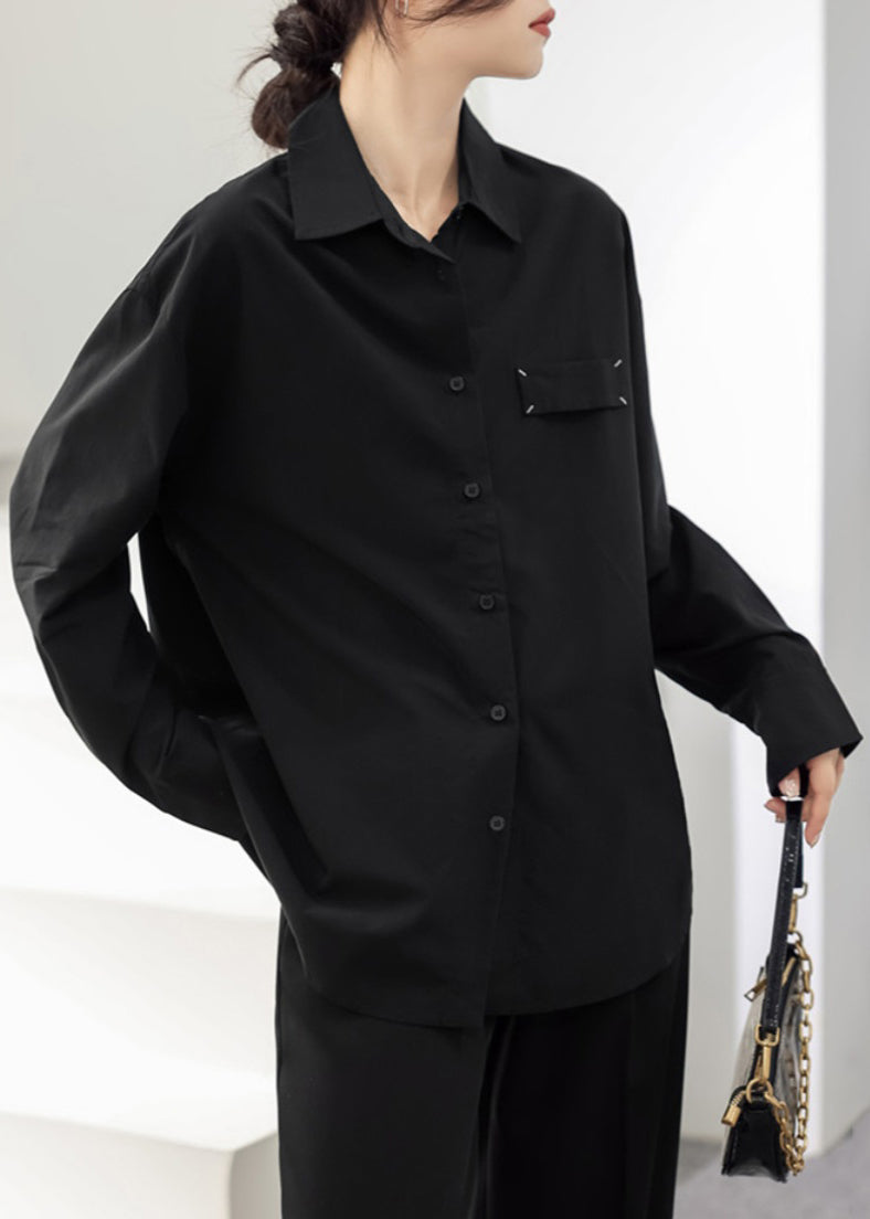 Loose Black Peter Pan Collar Button Patchwork Cotton Shirt Long Sleeve TU013