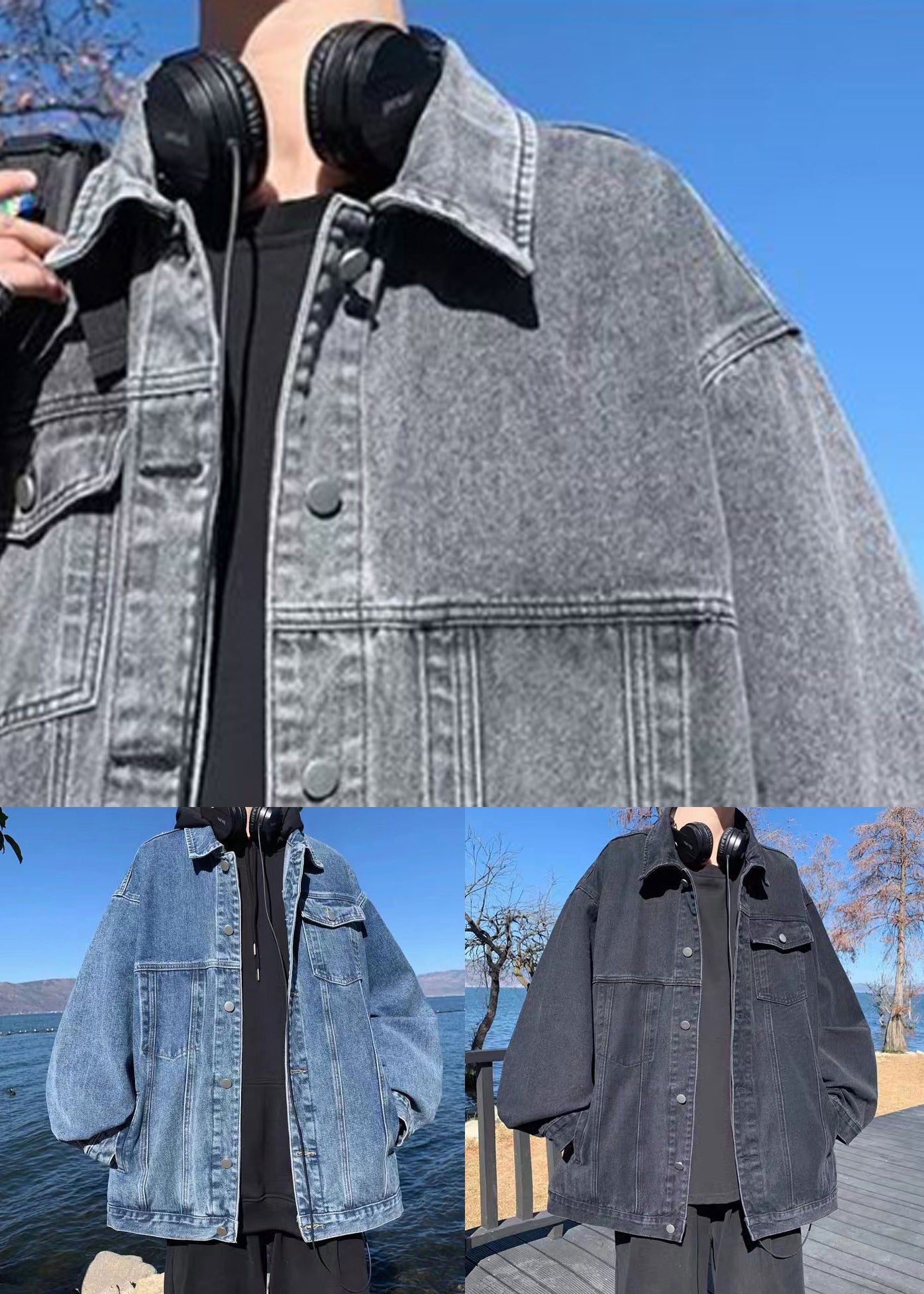 Pan Mens Denim Coats Pockets Loose Fall Peter Collar Black