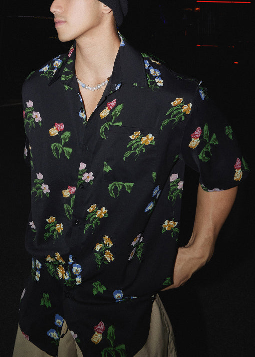 Shirt Men Pan Cotton Black Peter Summer Print Collar Loose