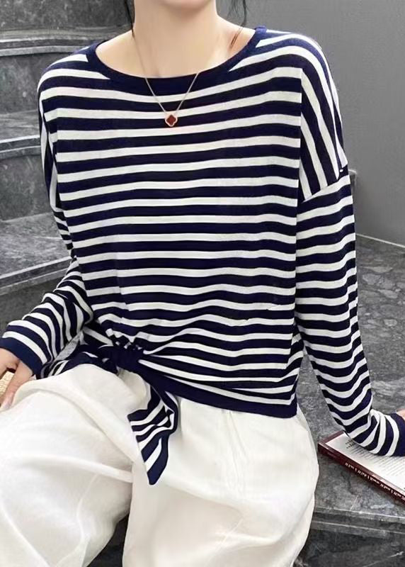 O Spring Cotton Shirt Neck T Striped Loose Lace Up Black