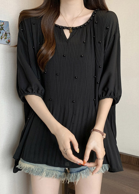 Lockere schwarze, faltige Chiffon-Hemden mit Nagelperlen und halblangen Ärmeln SS024