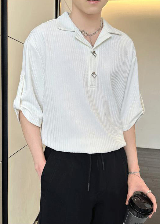 Half Polo Loose Black Cotton Sleeve Men Shirt Solid Wrinkled