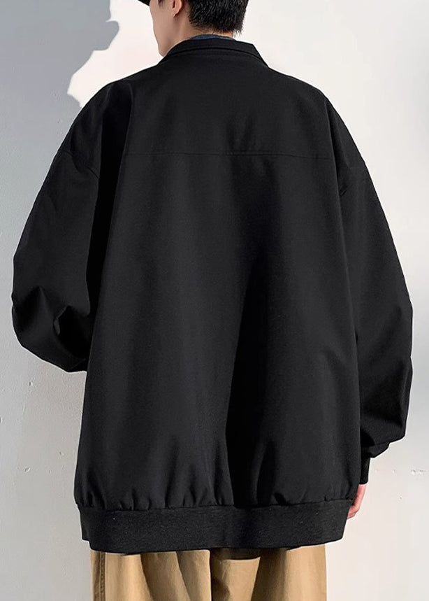 Black Cotton Coats Spring Pockets Mens Loose Solid Zippered