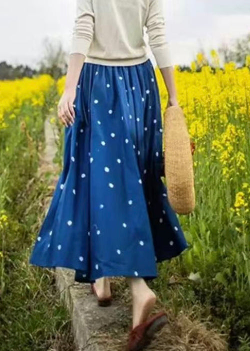 Blue Elastic Skirt Loose Cotton Dot Summer Waist