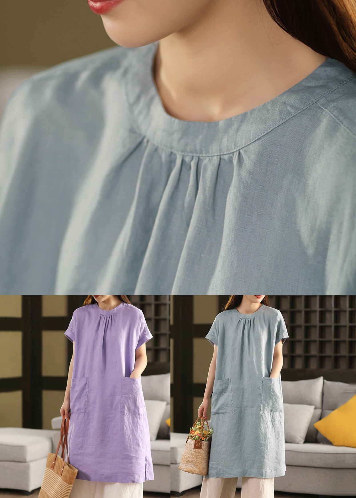 Dresses O-Neck Loose Blue Summe Pockets Linen