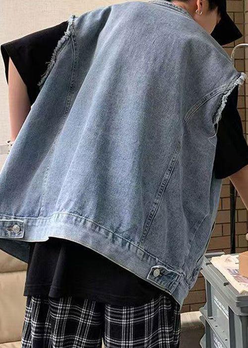 Pockets Loose Blue Pan Men Peter Denim Collar Waistcoat