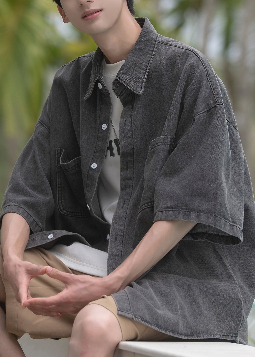 Mens Denim Peter Blue Loose Collar Shirts Pockets Pan Spring