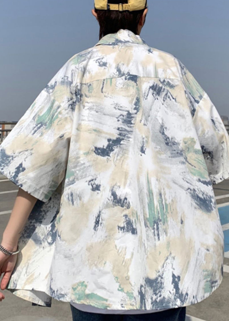 Peter Loose Collar Summer Shirts Men Silk Ice Dye Blue Pan Tie