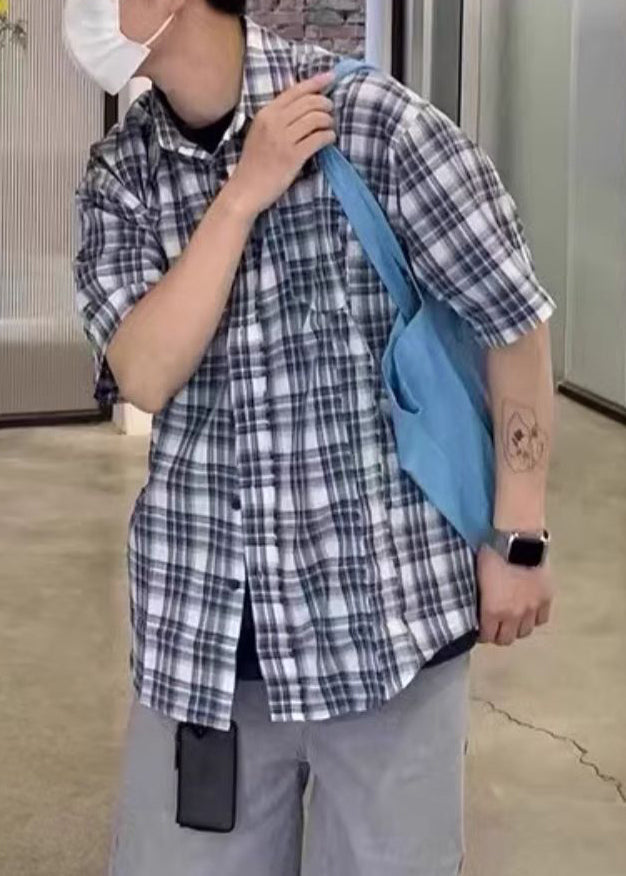 Shirts Loose Summer Plaid Cotton Button Blue Men's