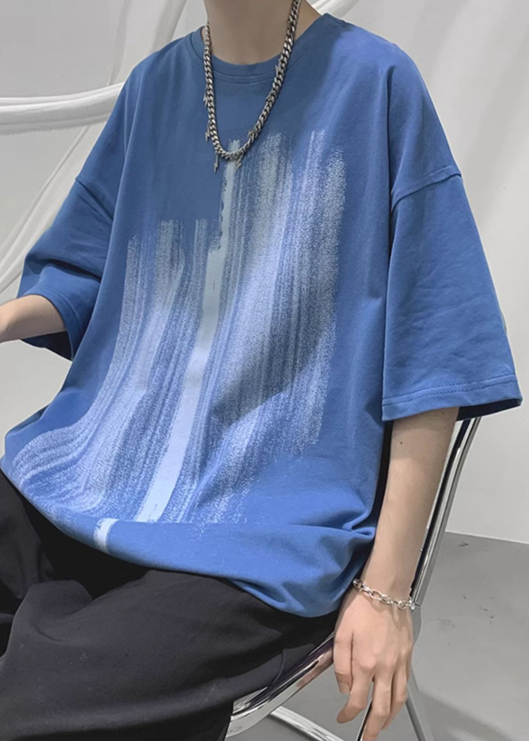 Half Sleeve Print T Loose Men Cotton Shirt Blue Cozy