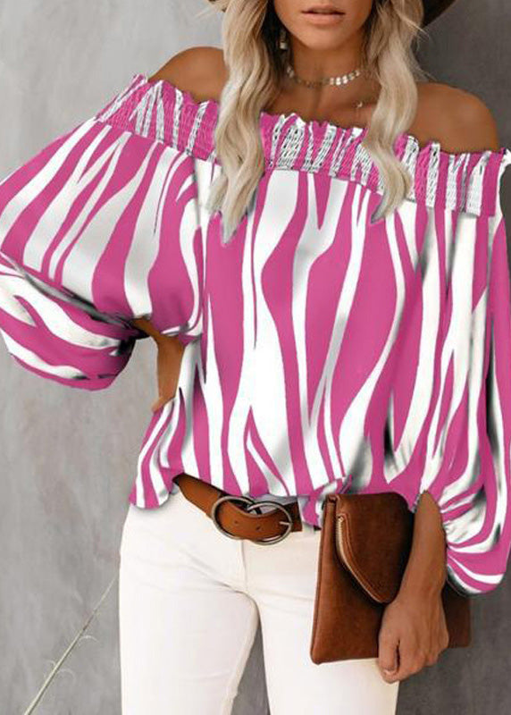 Tops Loose Shirt Sleeve Neck Lantern Cotton Slash Blue Striped