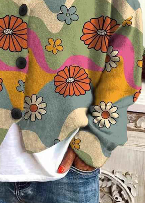 Button Blue Loose Spring Neck Print Cardigan V Knit