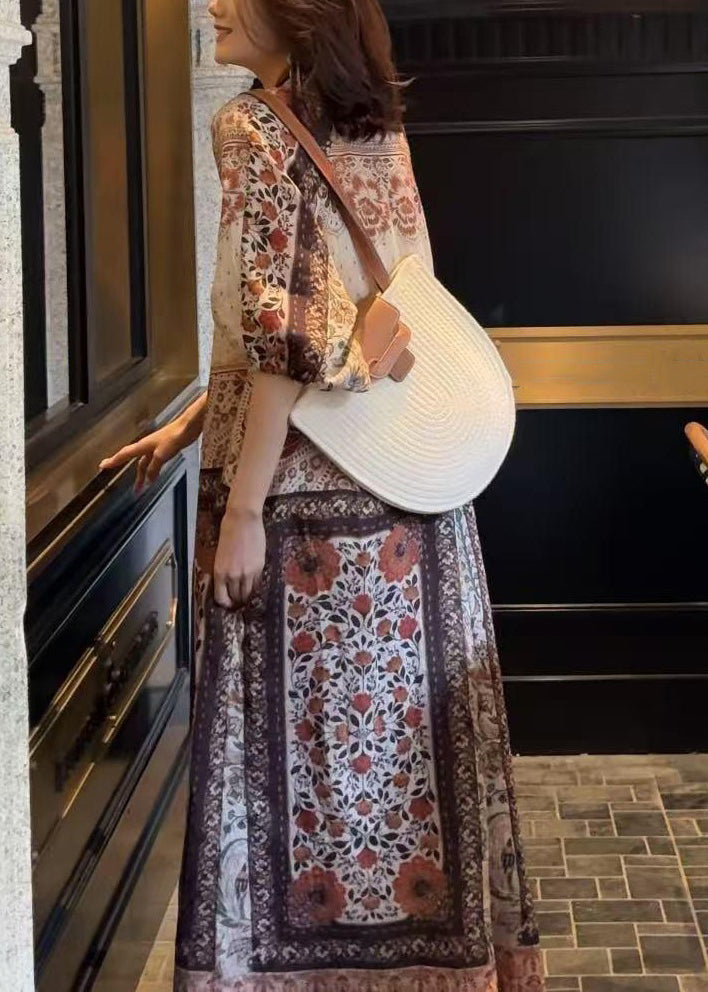 Loose Pockets Half Button Long Dress Sleeve Cotton Print