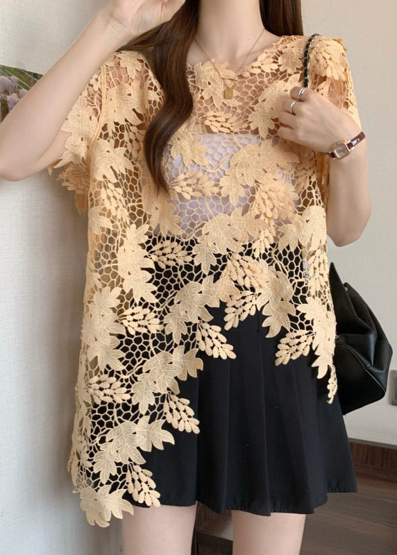 O-Neck Top Loose Lace Asymmetrical Sleeve Short Caramel