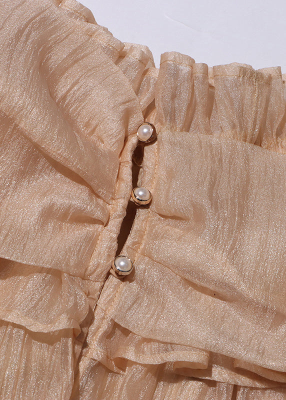 Shirt Color Ruffled Flare Lace Tulle Champagne Button Up Loose